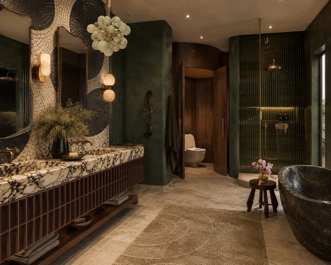 A green bathroom with a long marble vanity, mosaic walls, glass globe pendant and a stone bath.