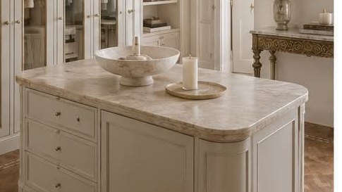 A painted island with a marble top in front of glass-fronted wardrobes.