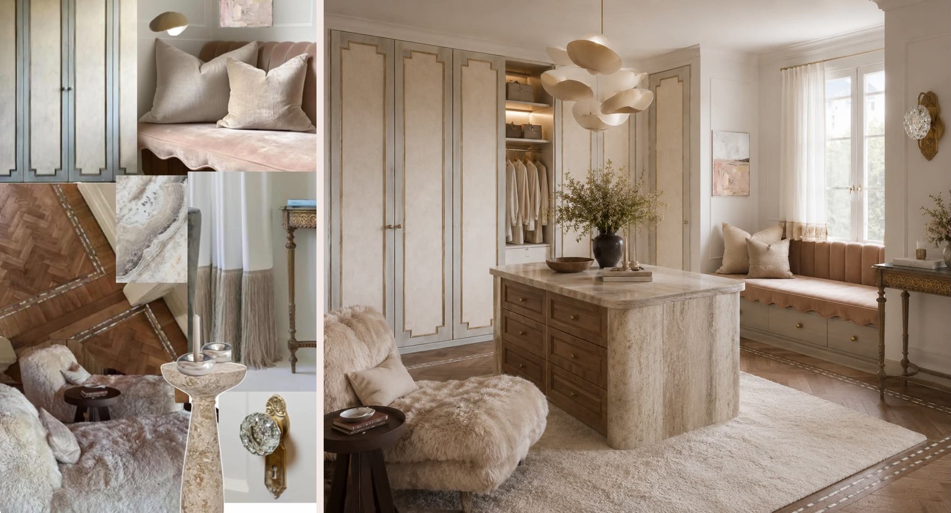 The mood board of panelled wardrobes, a scalloped rose bench, herringbone floor, fringed curtains and a glass door knob, beside the finished dressing room.