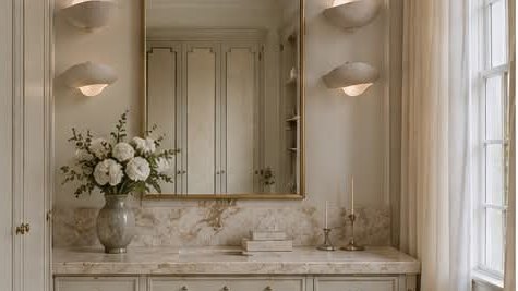 A cream vanity with a marble top, arched brass mirror and plaster wall lights.