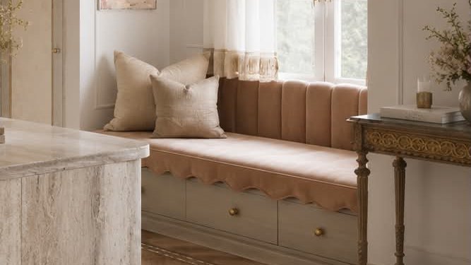 A window seat in rose velvet with a scalloped edge, linen cushions and drawers below.