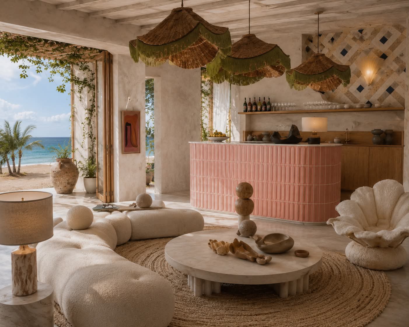 A sunlit living room opening onto the beach, with a curved boucl&eacute; sofa, round stone table, shell chair and a pink tiled bar.