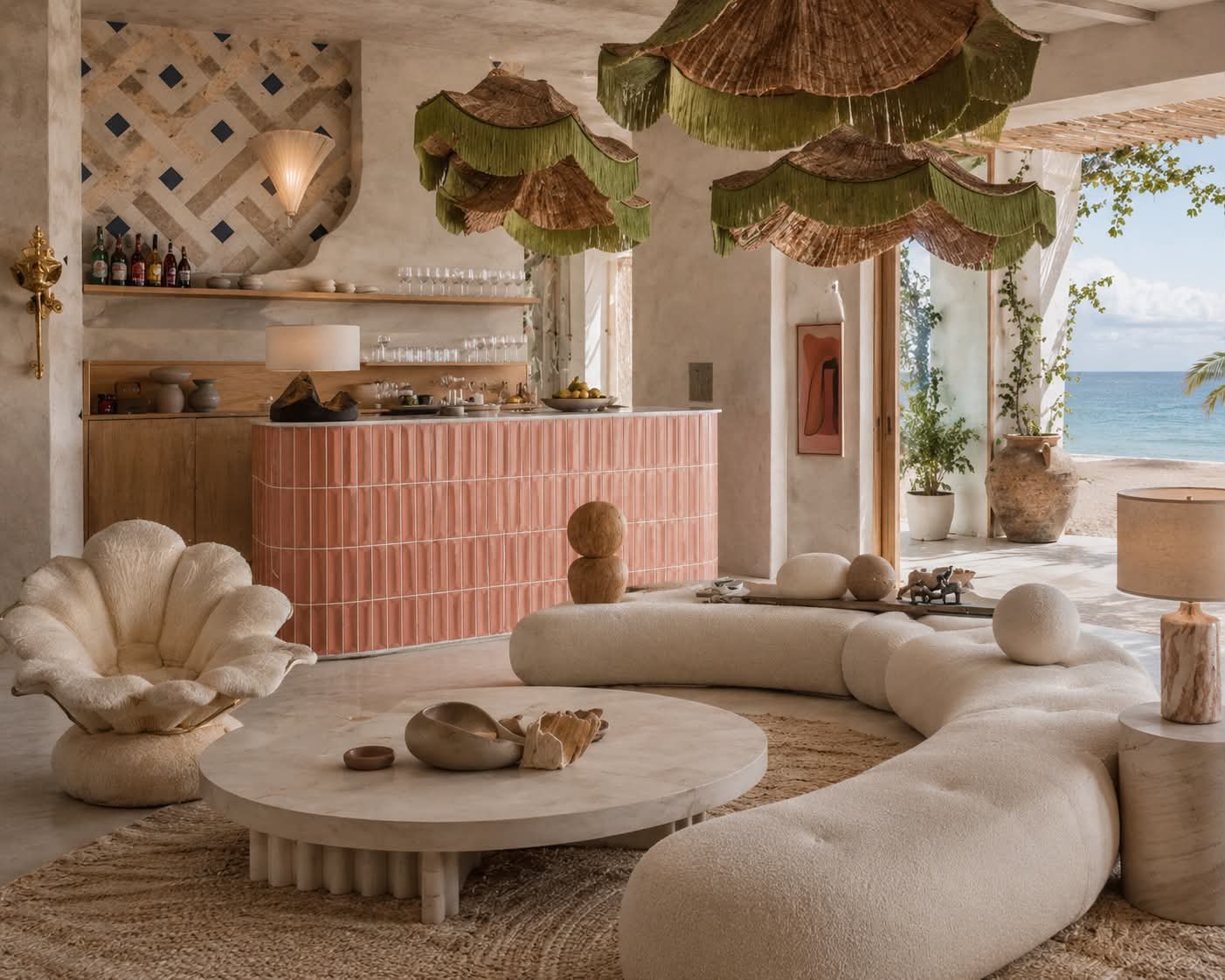 The living room looking past the pink tiled bar and fringed rattan pendants to the open doors and the sea.