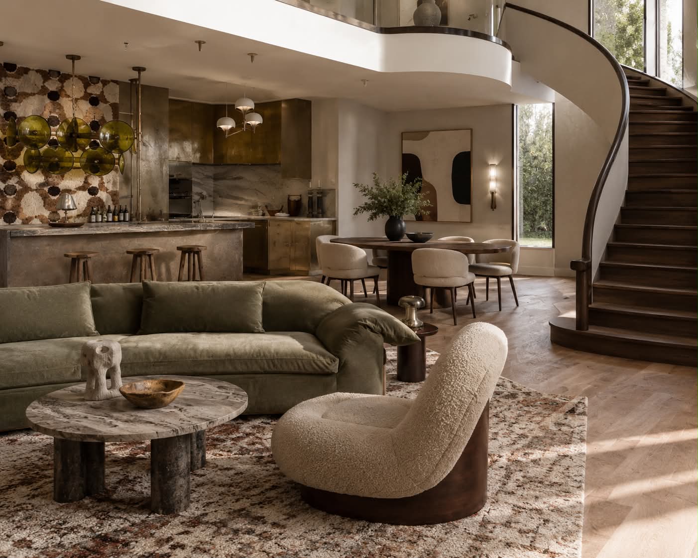 An open-plan living space with a green velvet sofa, brass kitchen and a timber spiral staircase.