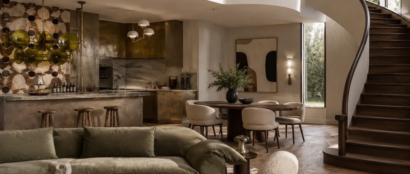 The open-plan ground floor in one view: brass kitchen, round dining table and the timber spiral stair.