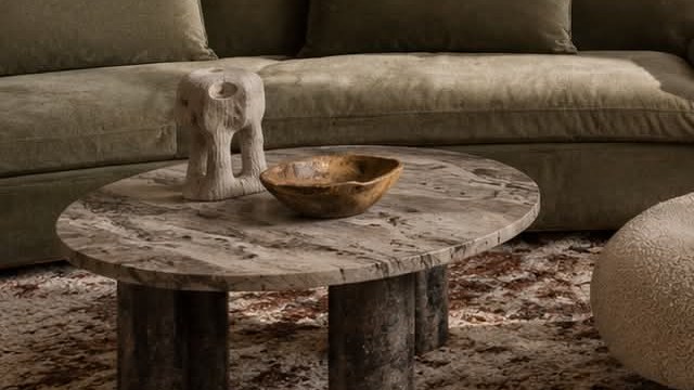 An olive velvet sofa behind a round travertine coffee table on a faded rug.