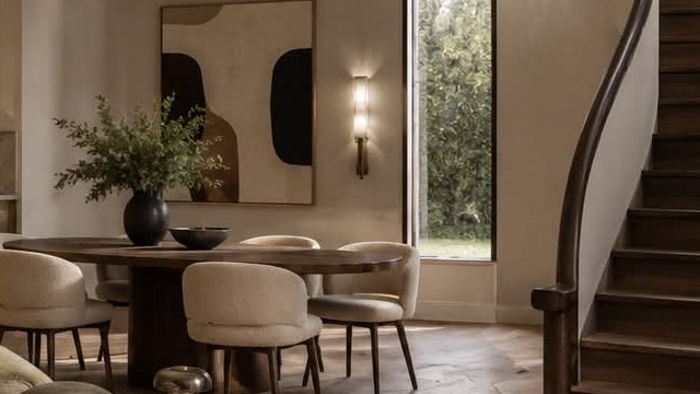A round dining table with bouclé chairs, an abstract canvas and a brass sconce beside the window.