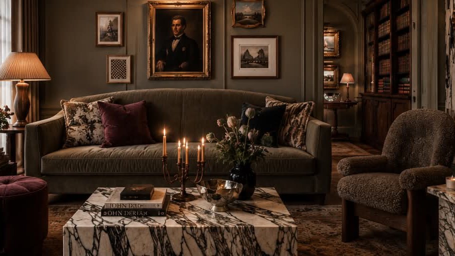 An olive velvet sofa under old portraits, with a marble coffee table and candlesticks.