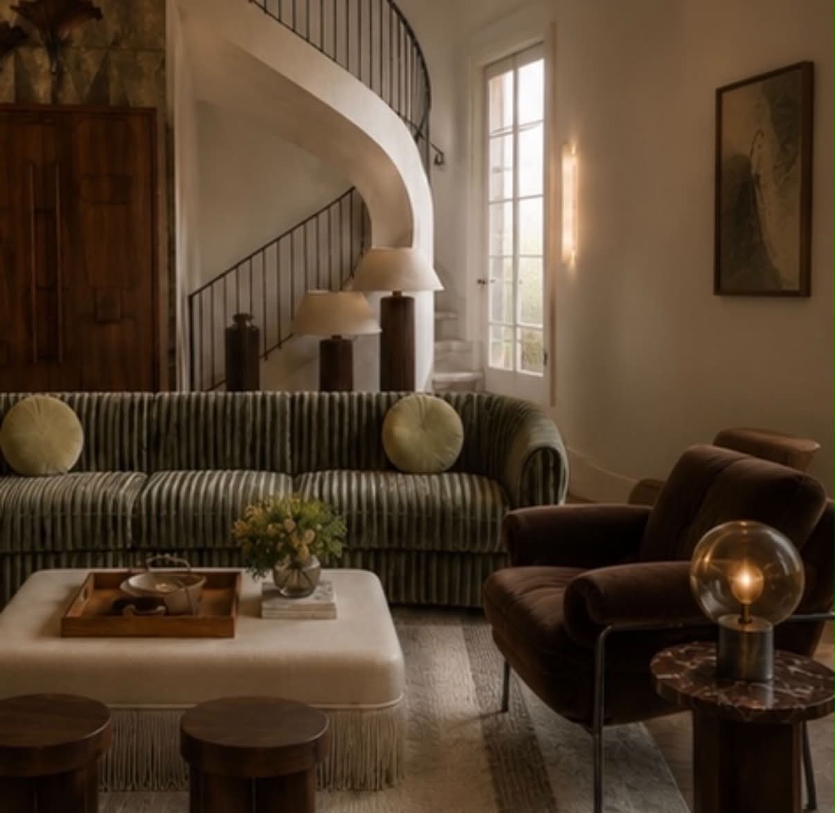 A sitting room with a green fluted sofa, brown velvet armchair and a fringed ottoman.