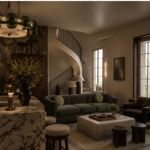 A drawing room with a green fluted sofa, curved stone staircase and green glass chandelier.