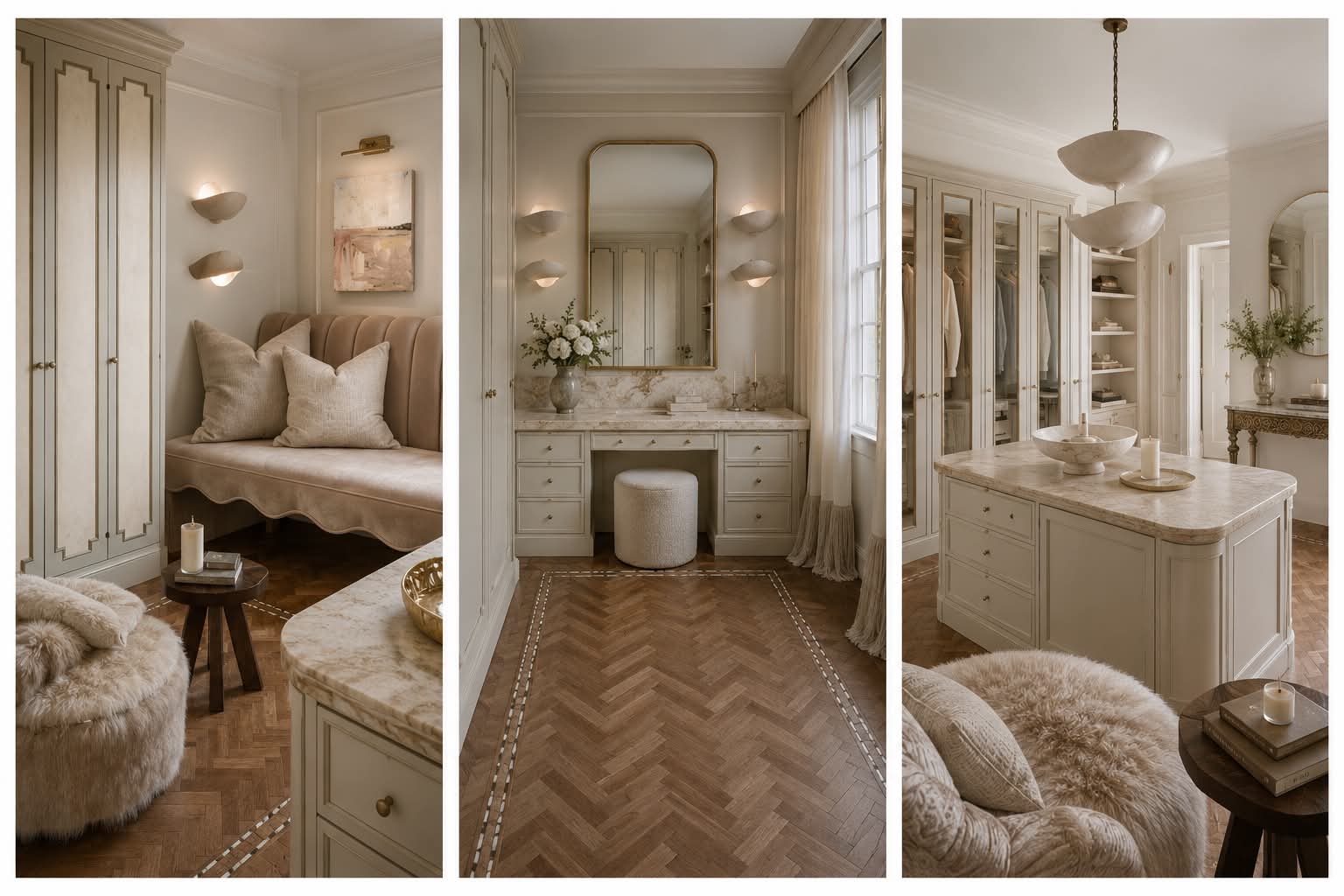 Three views of a cream dressing room: window seat, vanity with arched mirror, and a travertine island.