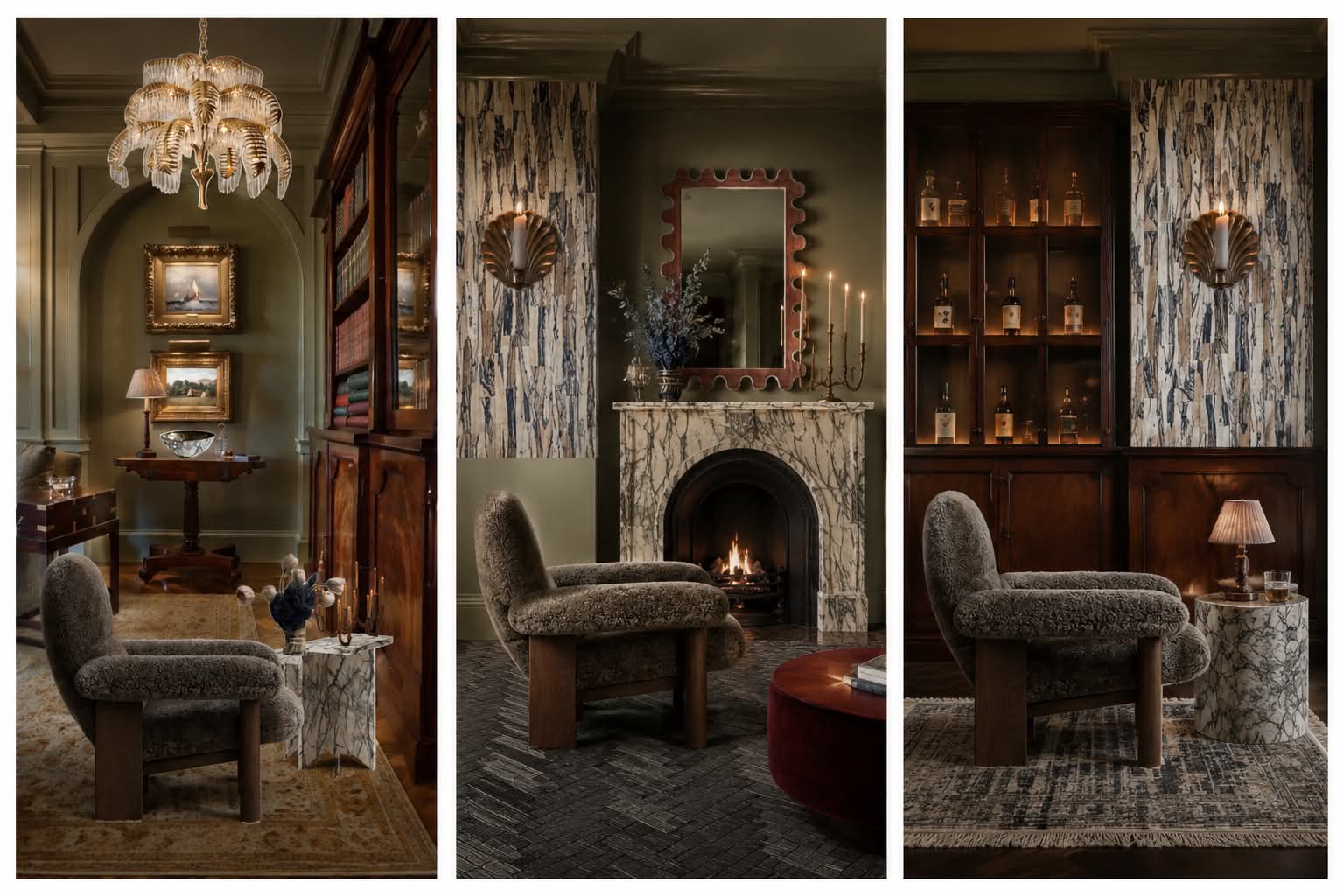 An olive-green study: marble fireplace, scalloped mirror, brass sconces and a shearling chair.