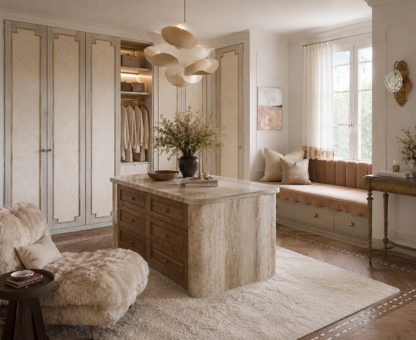 A dressing room in cream and travertine, with panelled wardrobes, a herringbone floor and a rose velvet window seat.