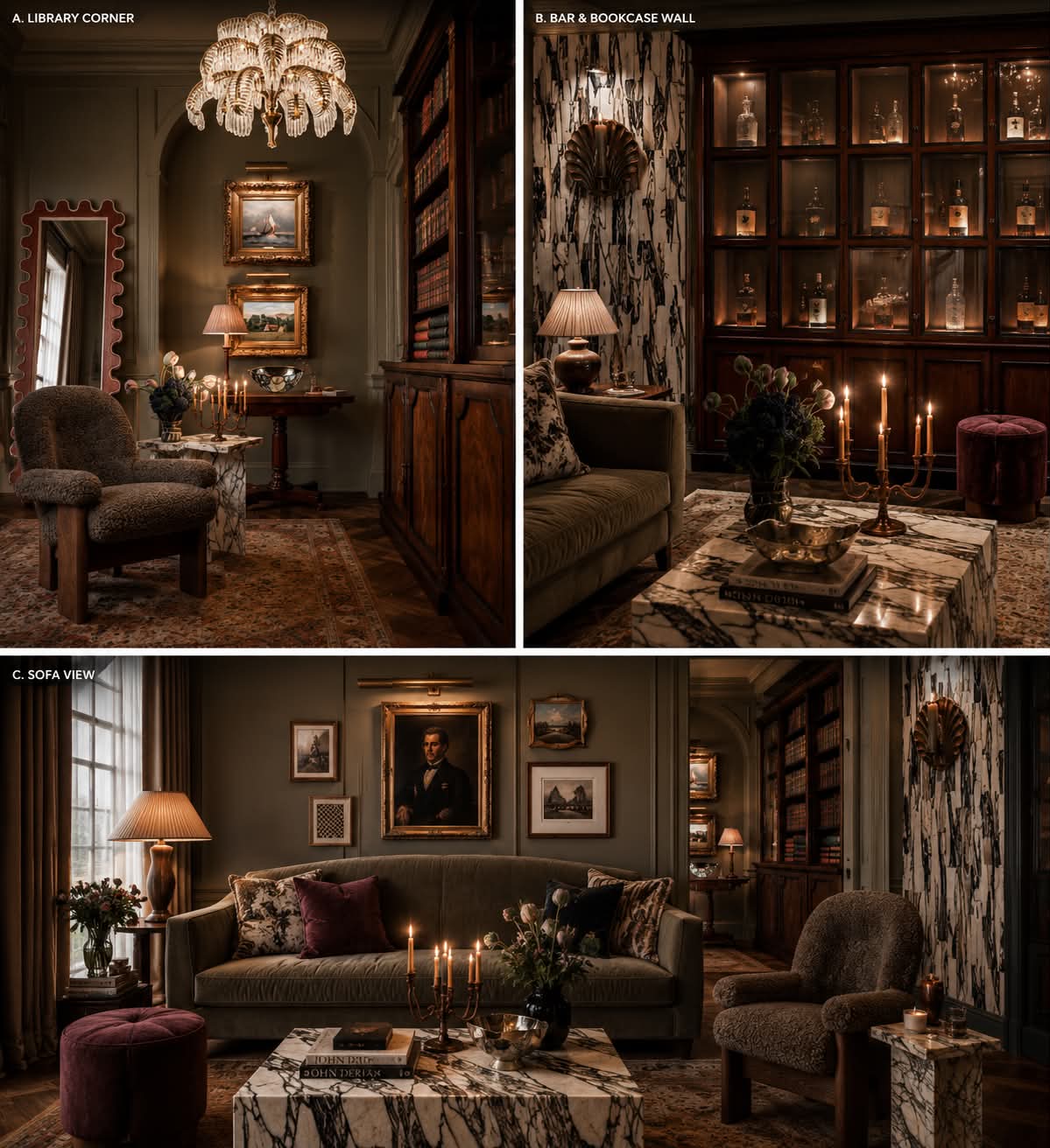 A library corner, bar and bookcase wall, and sofa view in olive, walnut and marble.